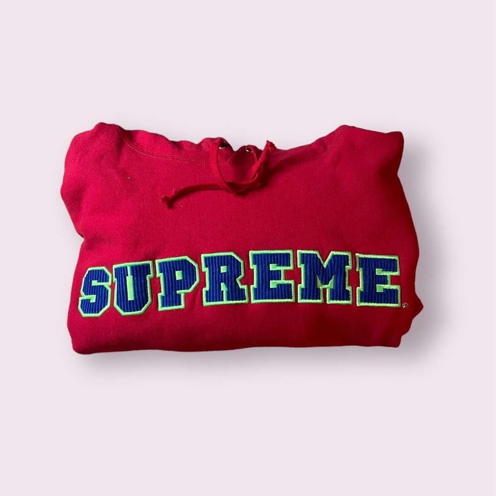 Supreme Cord Collegiate Logo Hooded Sweatshirt in Red Size L